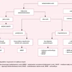 Schemat diagnostyczny torbieli/torbieli nerek. Rozróżnia się torbiele pojedyncze i mnogie, z objawami lub bez.