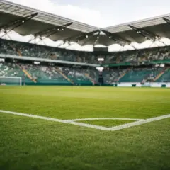 Pusta trybuna stadionu, gotowa na mecz rewanżowy. Zielona murawa i białe linie boiska czekają na emocje.