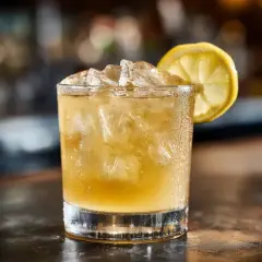 En kyld whisky sour med is och en citronskiva, redo att avnjutas.