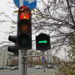 Sygnalizator S2 z czerwonym światłem i zieloną strzałką w prawo. Za nim drzewa i budynki.