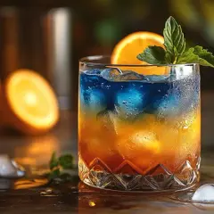 Kolorowe drinki przepisy: dwukolorowy koktajl z pomarańczą i miętą, otoczony owocami i lodem.