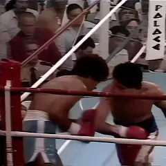 Two boxers, Salvador Sanchez and Wilfredo Gomez, clash in the ring. The crowd watches intently as they exchange blows.