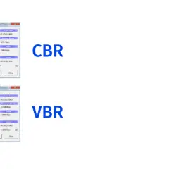 Gráficos comparan CBR (bitrate constante, línea roja horizontal) y VBR (bitrate variable, picos y valles).