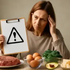 Donna preoccupata tiene un cartello con punto esclamativo, circondata da cibi. Forse è ora di non mangiare carne.