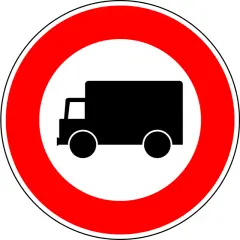 Znak zakazu wjazdu dla samochodów ciężarowych. Oznacza zakazy weekendowe dla transportu.