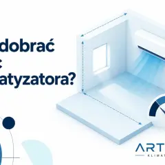 Jak dobrać moc klimatyzatora? Schemat pokazuje pomieszczenie z jednostką klimatyzacyjną i wskaźnik mocy.