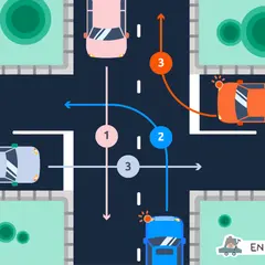 Intersection avec un panneau "priorité à droite". Les voitures 1, 2 et 3 suivent des trajectoires différentes.