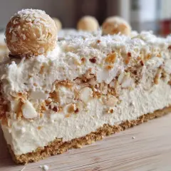 Pyszne ciasto rafaello bez pieczenia, udekorowane wiórkami kokosowymi i kulkami Rafaello.