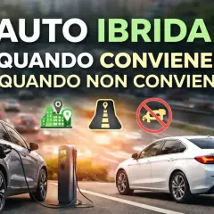 Auto ibrida: quando conviene e quando no. Il **full hybrid significato** è spiegato con icone: città, strada, divieto di accesso.