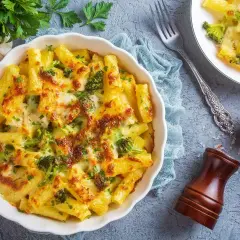 Zapiekanka makaronowa z brokułami i serem, posypana natką pietruszki.