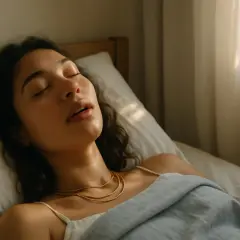 Una giovane donna dorme profondamente, con la bocca aperta e un leggero accenno di sbavare, avvolta in un lenzuolo azzurro.