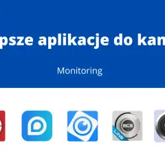 Najlepsze aplikacje do kamer IP do monitoringu. Ikony aplikacji: czerwona z kamerą, niebieska z literą D, biała z okiem, srebrna z napisem BCS LINE, szara z obiektywem.