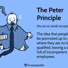 A baby in a CEO suit and tie, looking confused. The Peter Principle refers to people being promoted beyond their competence.
