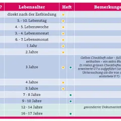 Tabelle mit u untersuchungen alter, von U1 bis J2, mit Altersangaben und Hinweisen zu Heften.