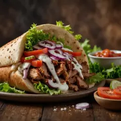 Pyszny kebab, jak kula mocy, z soczystym mięsem, świeżymi warzywami i kremowym sosem, na chrupiącym placku.