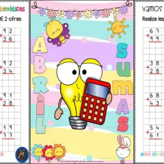Hoja de sumas de dos cifras con dibujos infantiles y una calculadora.
