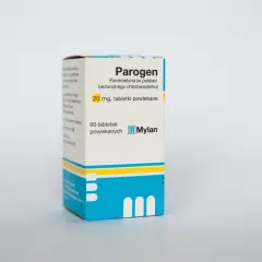 Opakowanie leku Parogen, zawierającego paroksetynę 20 mg, 60 tabletek powlekanych, firmy Mylan.