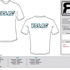 Modèle de bon à tirer gratuit pour un t-shirt blanc avec logo YBS-RC. Détails des marquages face et dos.