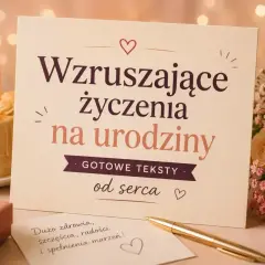 Karta z napisem "Wzruszające życzenia na urodziny" obok tortu, prezentu i kwiatów. Idealna, by wyrazić wzruszające słowa dla przyjaciela.