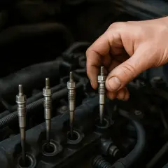 Dłoń mechanika wymieniająca świecę żarową, kluczowy element dla prawidłowego działania silnika diesla.