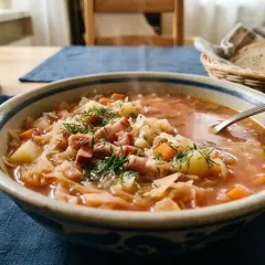 Parująca zupa kapuśniak z młodej kapusty, ziemniaków i boczku, posypana koperkiem. Obok koszyk z chlebem.