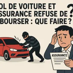 Un voleur s'en prend à une voiture rouge, un homme inquiet tient un document d'assurance.