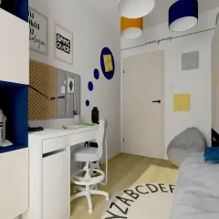Pokój pełen **inspiracji Lego**: biurko, regał z R2-D2, kolorowe klocki na ścianie i dywan z literami.