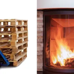 Un chariot élévateur pousse des palettes en bois. Peut-on brûler du bois de palette dans une cheminée ? Le feu crépite dans le foyer.
