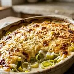 Un gratin poireaux béchamel doré et gratiné, prêt à être dégusté. Les poireaux fondants se marient à la perfection avec la sauce onctueuse.