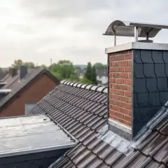 Ein Ziegeldach mit einem gemauerten Schornstein, der eine schlichte schornstein regenhaube ja oder nein trägt.