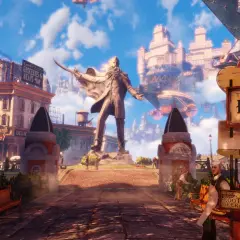Miasto w chmurach, pełne **steampunk**owych detali: pomnik, sterowce, budynki i stragan z hot dogami.
