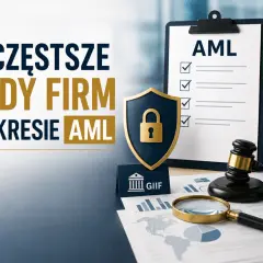 Najczęstsze błędy firm w zakresie AML. Tarcza z kłódką, dokumenty, lupa i młotek sędziowski symbolizują bezpieczeństwo i prawo.