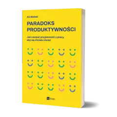 Okładka książki "Paradoks Produktywności" Ali Abdaala. Żółte tło z rzędami uśmiechniętych buziek.