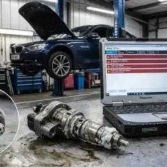 Awaria czujnika NOx w BMW E90. Na stole leży zabrudzony element, a komputer diagnostyczny pokazuje błędy.