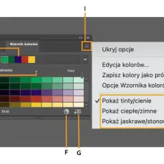 Panel "Wzornik kolorów" w Adobe, z paletą barw i opcjami wyświetlania odcieni.