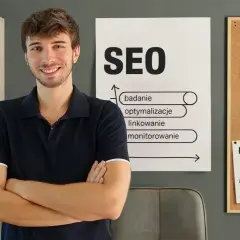Uśmiechnięty mężczyzna z rękami skrzyżowanymi na piersi, obok tablicy z hasłem "SEO" i schematem. To obraz samodzielnego pozycjonowania.
