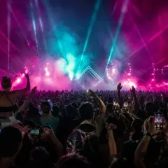 Ein riesiges Publikum feiert unter psychedelischen Lichteffekten und Nebel. Die Stimmung ist wie bei einem **psychedelic circus**.