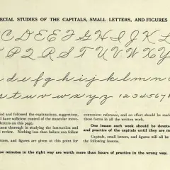 A page of cursive handwriting practice, showing the alphabet in uppercase and lowercase, and numbers. The text guides students on how in cursive to master these forms.