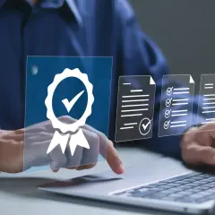 Proceso de validación certificado digital con iconos de documentos y sello de aprobación.