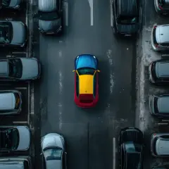 Parcheggio affollato, un'auto con i colori della bandiera venezuelana spicca tra le altre. Un **allarme variazione** per **fare una sosta** in questo mare di grigio.