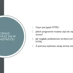Spis treści notatki: Czym jest HTML, programy do pisania stron, struktura strony HTML, jak utworzyć stronę HTML.