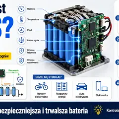 BMS to system zarządzania baterią, który monitoruje napięcie, temperaturę i prąd, chroniąc ogniwa przed uszkodzeniem. Zapewnia bezpieczeństwo i trwałość.