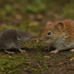 Nornica i mysz, dwa małe gryzonie, spotykają się na mchu.