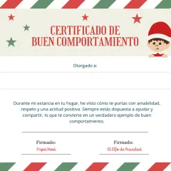 Certificado de buen comportamiento otorgado por Papá Noel y un elfo. Es como una carta de despedida de los elfos, reconociendo tu amabilidad y actitud positiva.