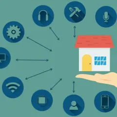 Una mano sostiene una casa conectada a iconos de tecnología, representando electrodomésticos domóticos que controlan el hogar inteligente.