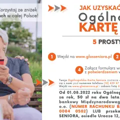 Jak uzyskać Ogólnopolską Kartę Seniora? Uśmiechnięci seniorzy na tle natury, obok instrukcja krok po kroku.
