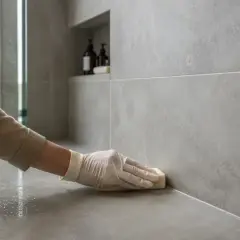 Ręka w rękawiczce czyści fugę gąbką. Dowiedz się, ile czasu schnie fuga po czyszczeniu, aby cieszyć się łazienką.