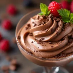 Une coupe de mousse au chocolat onctueuse, garnie de copeaux de chocolat, d'une framboise et de menthe. Parfait pour une recette mousse au chocolat onctueuse.