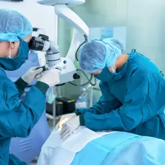 Chirurdzy w maseczkach i czepkach operują przy użyciu mikroskopu.