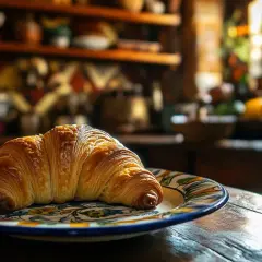 Croissant dorado sobre plato decorado. Los ingredientes de croissant, como la mantequilla y la harina, se transforman en esta delicia.
